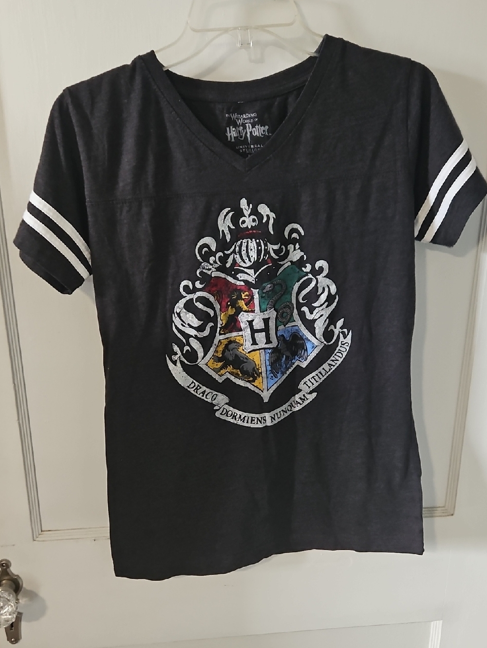 Warner Bros. Harry Potter Hogwarts Crest V-Neck Tee - Black with White Stripes